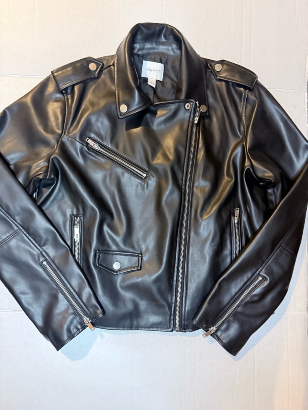 Nine West Black Faux Leather Asymmetrical Biker Jacket